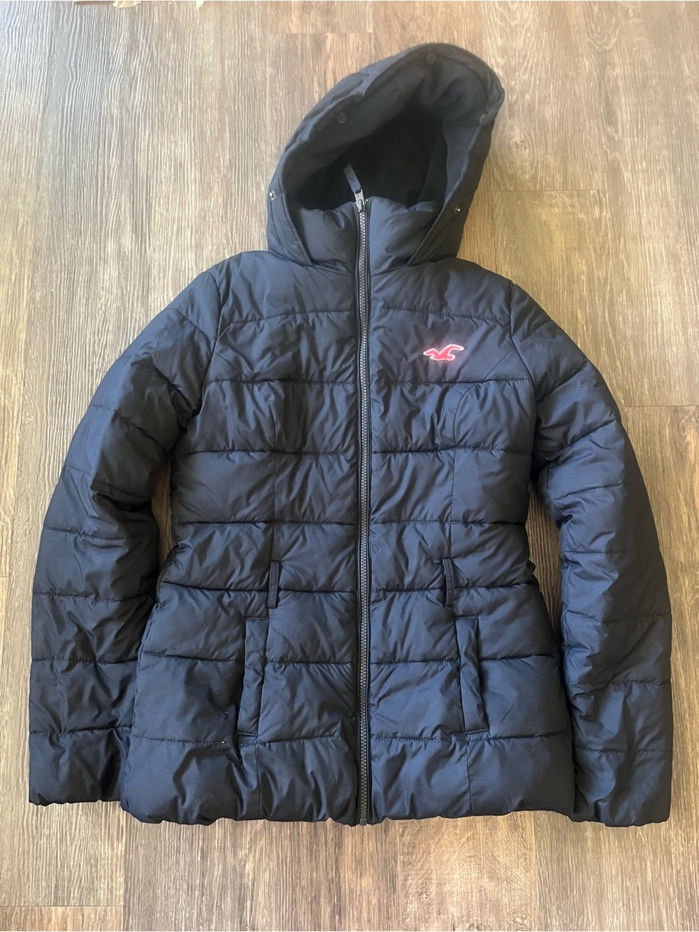Hollister Black Quilted Hooded Puffer Jacket with Pink Logo